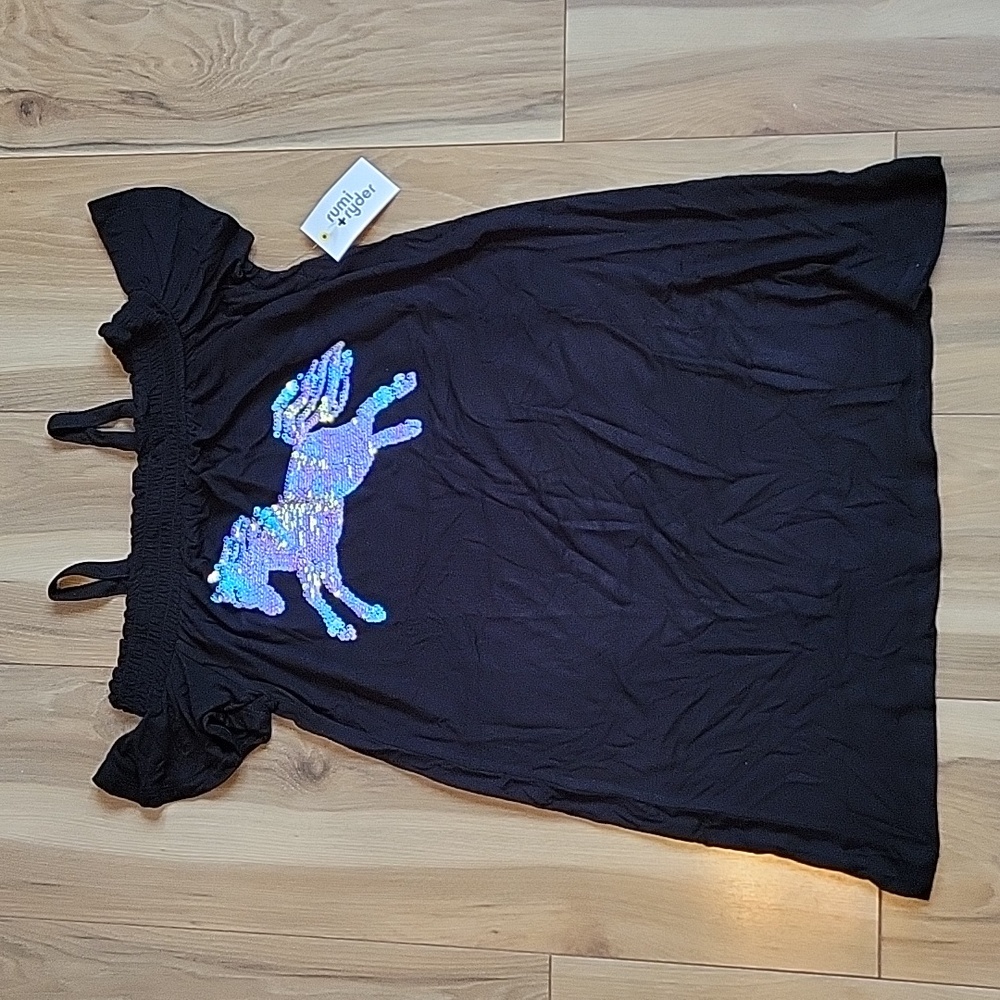 NWT rumi + ryder Girls Black Open Shoulder Black Unicorn Dress Size 8/10…
